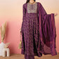 Burgundy Floral Printed Thread Work Anarkali Kurta With Trouser & Dupatta