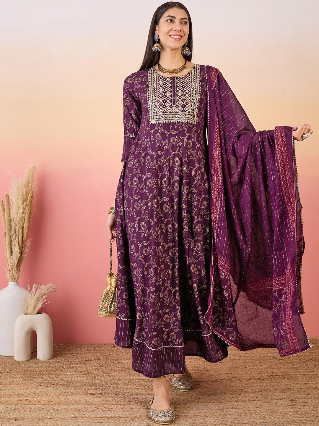 Burgundy Floral Printed Thread Work Anarkali Kurta With Trouser & Dupatta