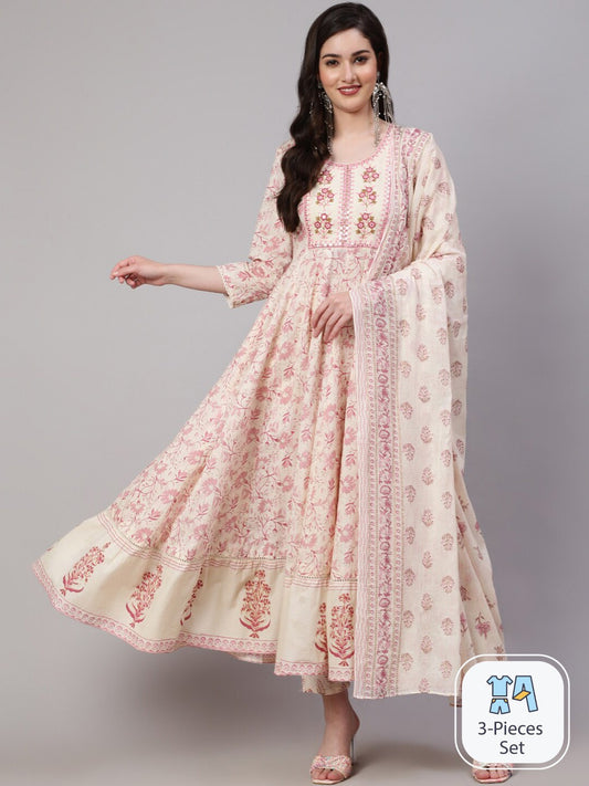 Floral Printed Pure Cotton Anarkali Kurta With Trousers & Dupatta