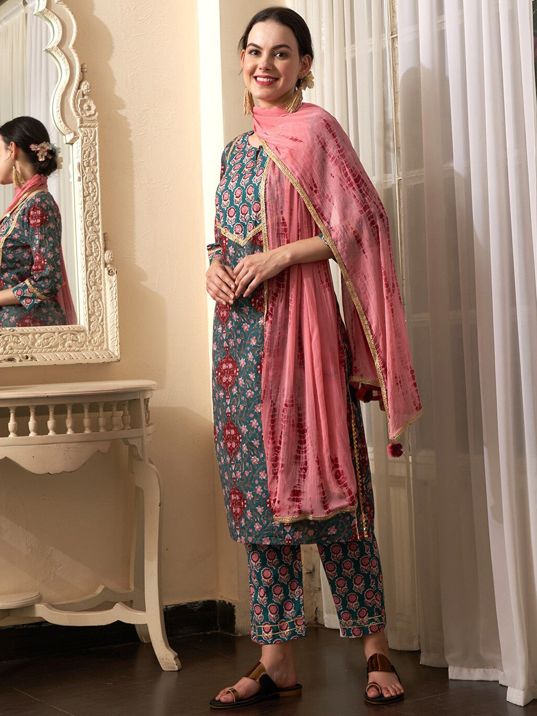 Teal Blue Floral Printed Gotta Patti Pure Cotton Kurta With Trousers & Dupatta