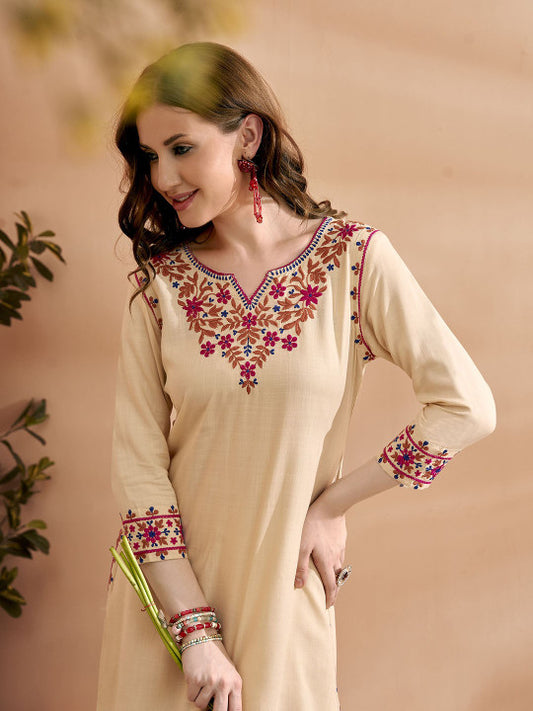 Embroidered Three Quarter Sleeves Kurta With Trousers Set