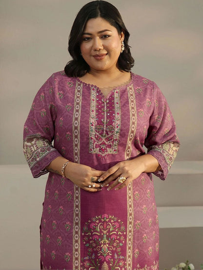 Women Ethnic Motifs Printed Regular Thread Work Linen Kurta with Trousers & With Dupatta