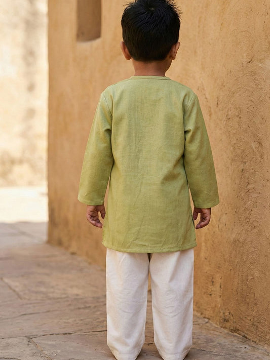 Boys Green Side Cut Floral Embroidered Pure Cotton Kurta & Pyjamas