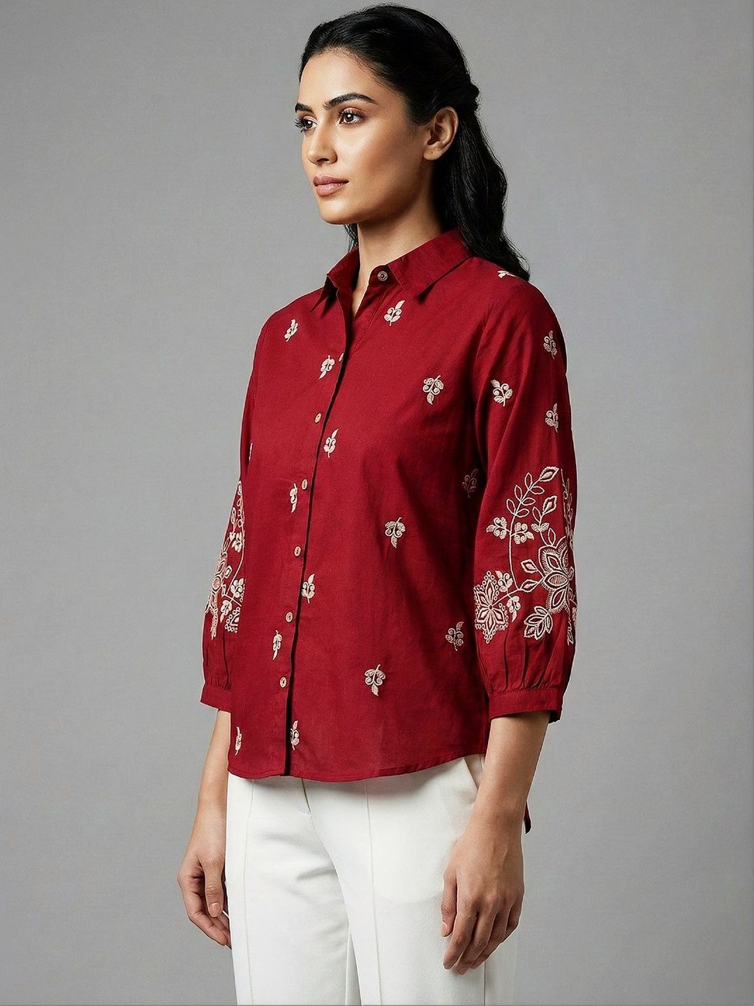 Women Shirt Collar Embroidered Tunic