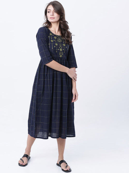 Women Navy Blue Checked Empire Dress