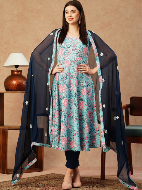 Floral Printed Regular Gotta Patti Anarkali Kurta With Trousers & Dupatta