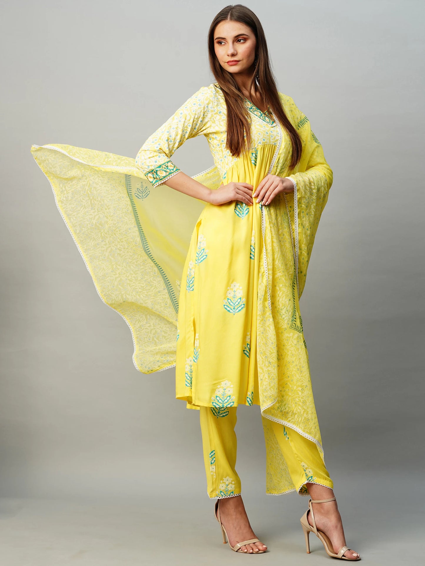 Women Cotton Rayon Kurta Pant Dupatta Set