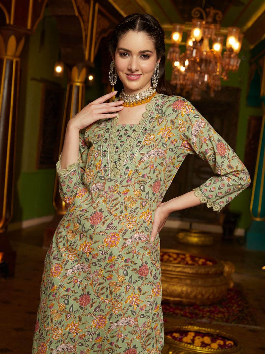 Floral Printed Pure Cotton Straight Kurta With Trouser & Dupatta