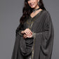 Women Charcoal Grey & Mustard Yellow Ethnic Zari Straight Kurta Trousers Dupatta