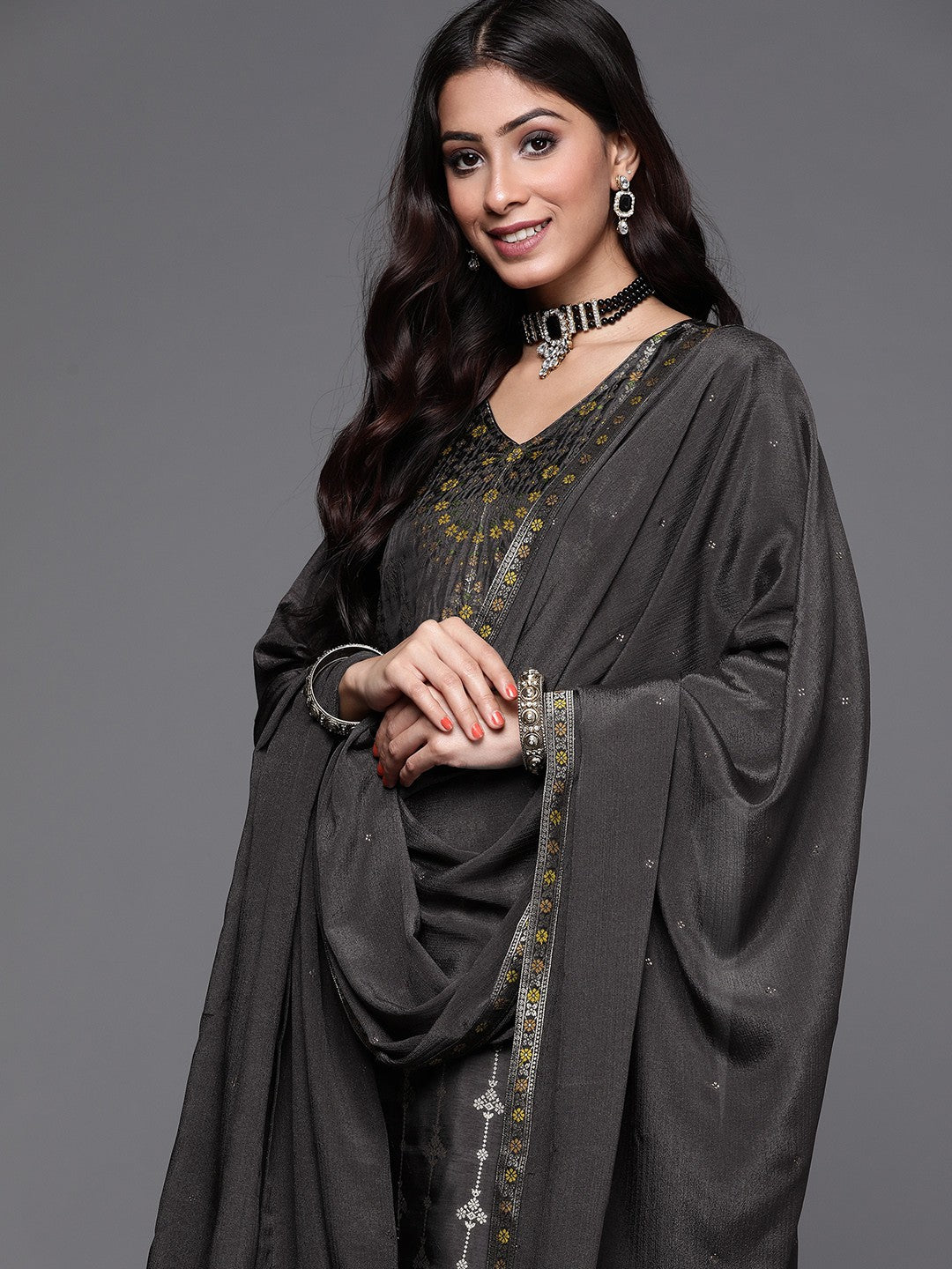 Women Charcoal Grey & Mustard Yellow Ethnic Zari Straight Kurta Trousers Dupatta