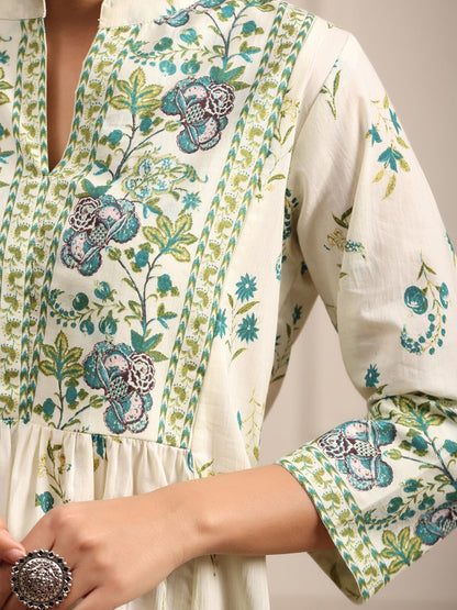Floral Printed Mandarin Collar Pure Cotton A-Line kurti
