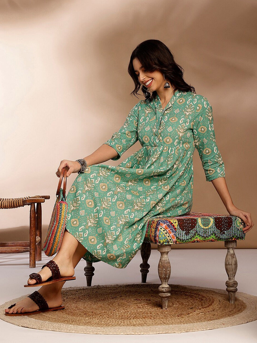 Blue Ethnic Motifs Printed Gathered Detailed Pure Cotton Fit & Flare Ethnic Dress