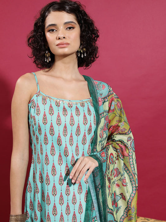 Ethnic Motifs Printed Shoulder Straps Straight Kurta & Palazzos With Dupatta