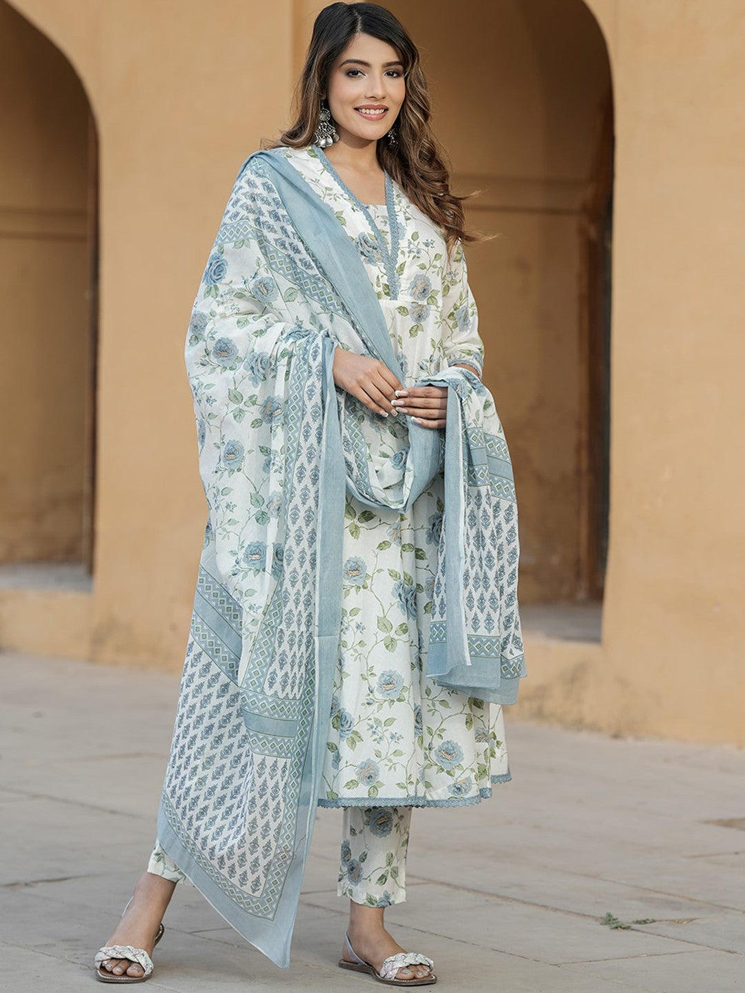 Floral Printed V-Neck Thread Work Pure Cotton Empire Kurta with Trousers & Dupatta