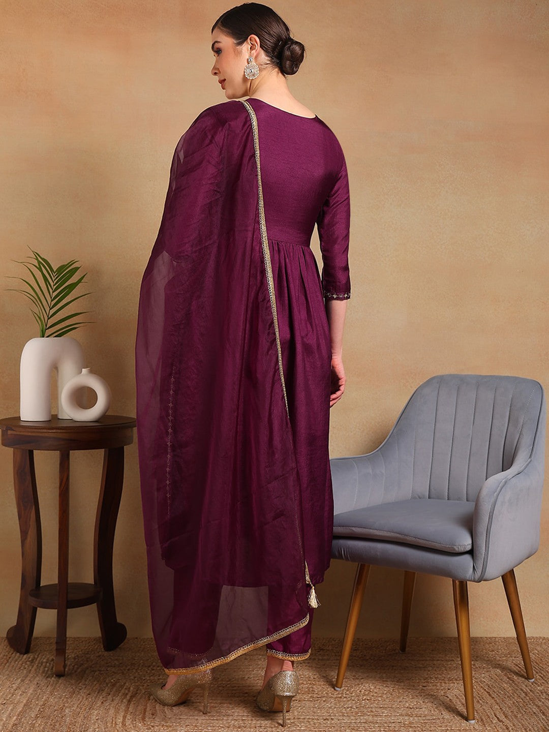 Women Purple Silk Blend Solid Yoke Design Flared Empire Kurta Trouser With Dupatta