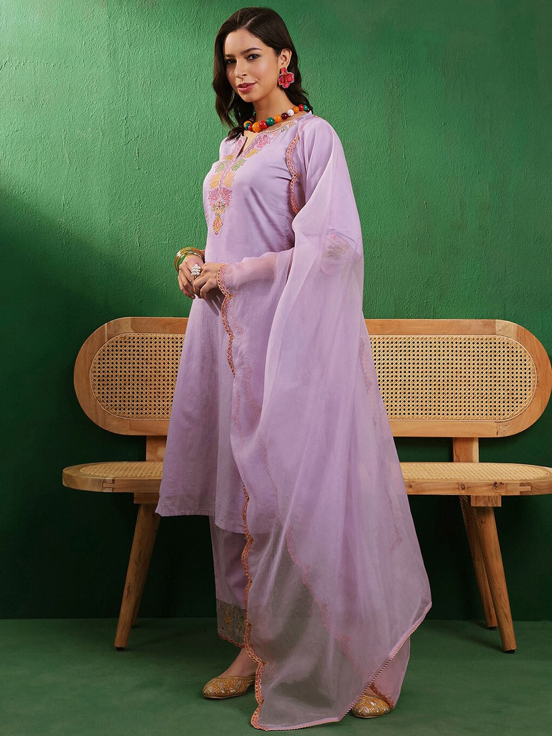 High Slit Thread Work Pure Cotton Kurta With Trouser & Dupatta