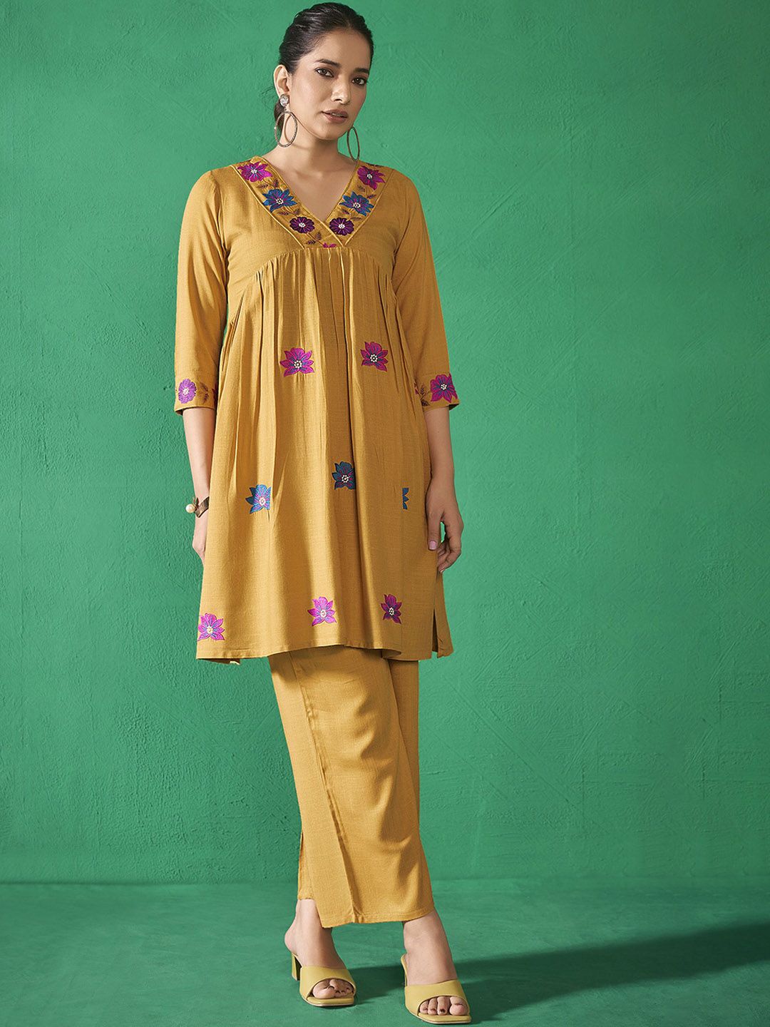 Mustard Yellow V-Neck Embroidered Liva Top With Trousers