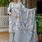 Floral Printed Angrakha Mirror Work Pure Cotton Kurta With Pyjamas & Dupatta