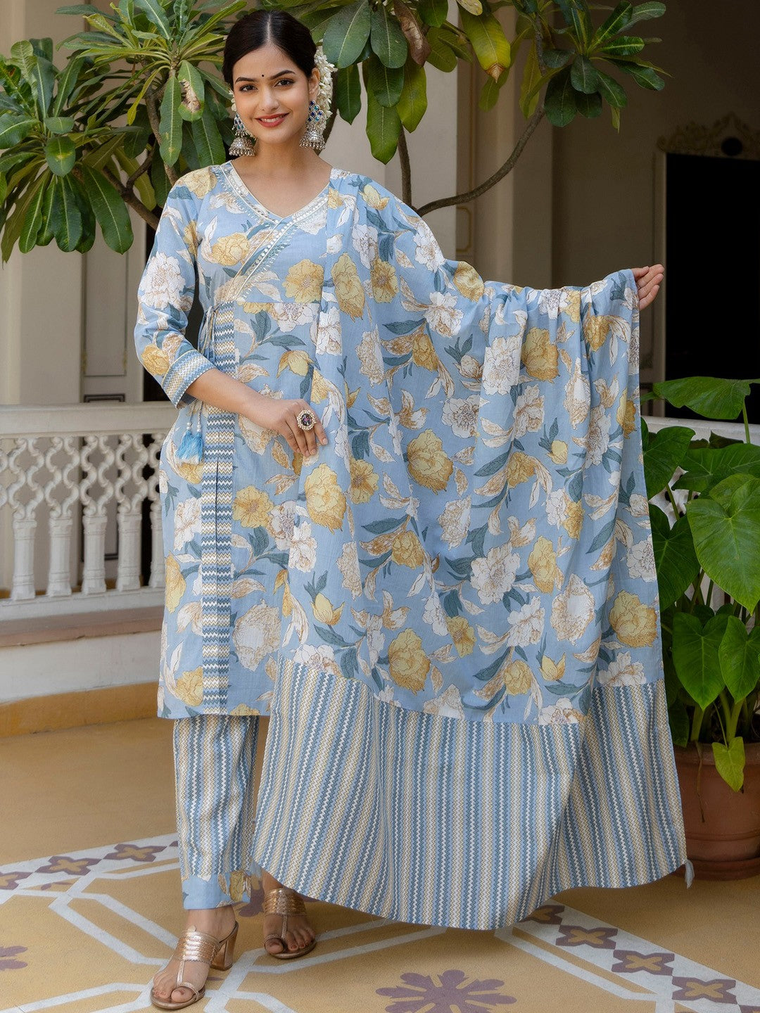 Floral Printed Angrakha Mirror Work Pure Cotton Kurta With Pyjamas & Dupatta