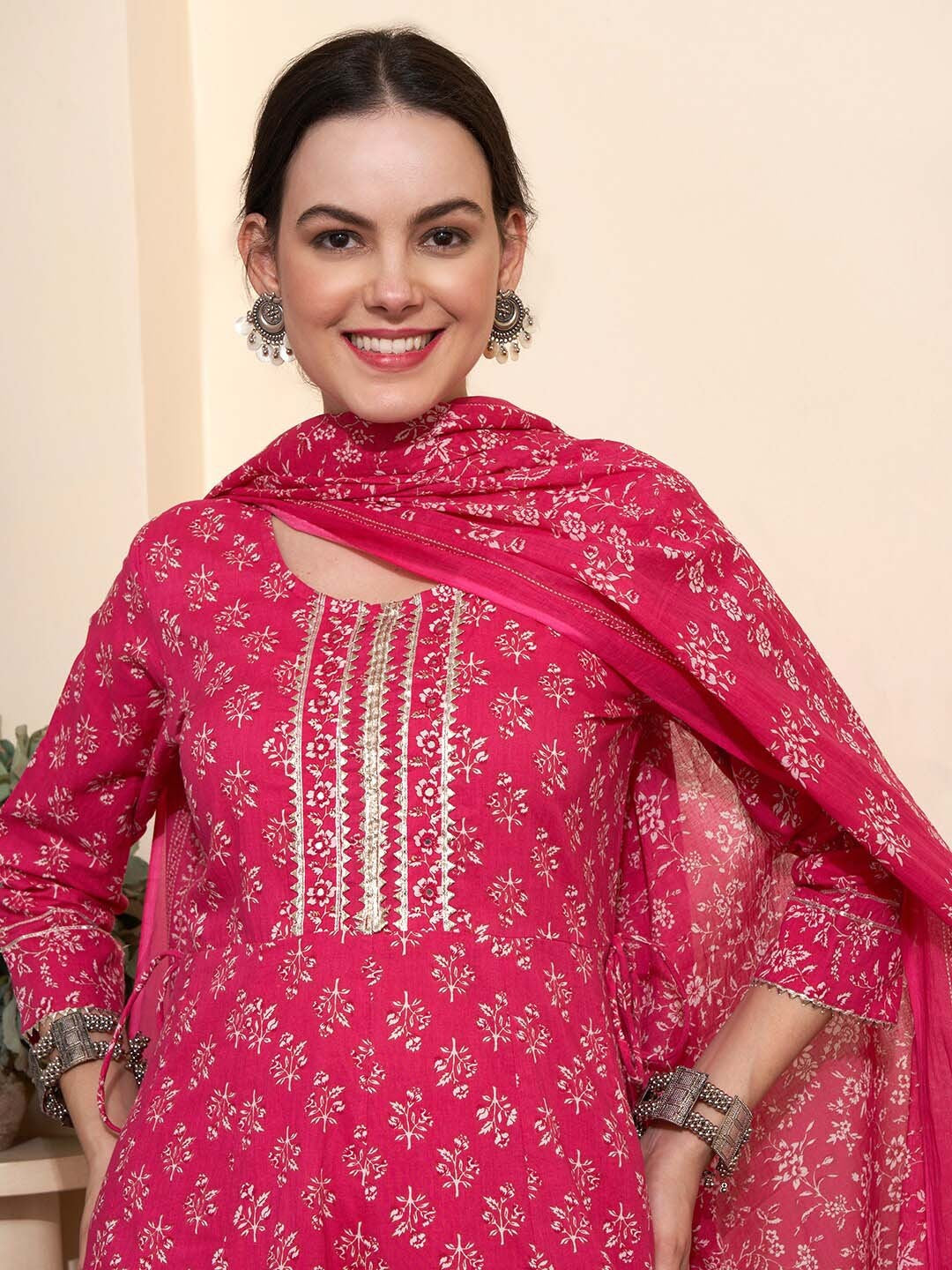 Printed & Embroidered Pure Cotton A-Line Kurta With Trouser & Dupatta