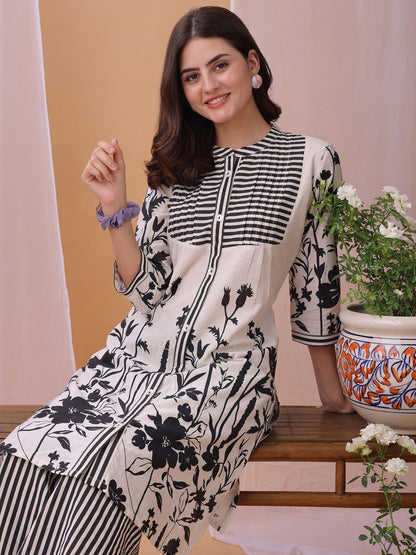 Printed Mandarin Collar Neck Tunic With Trousers Co-Ords