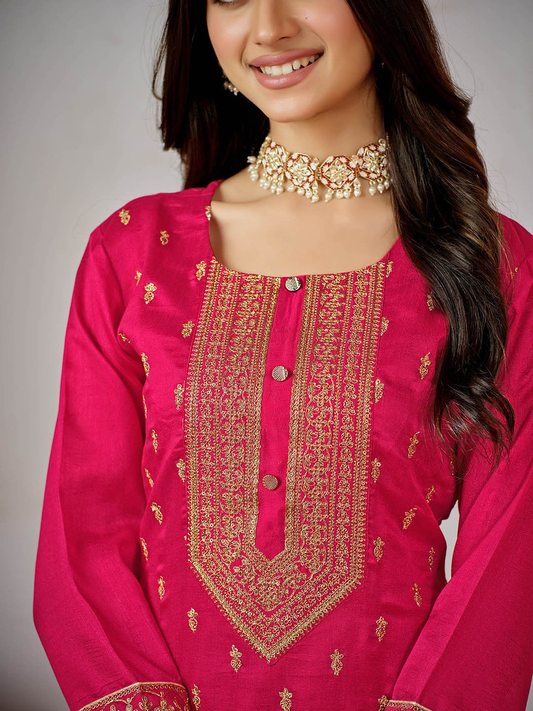 Pink Ethnic Motifs Embroidered Kurta with Churidar & Dupatta