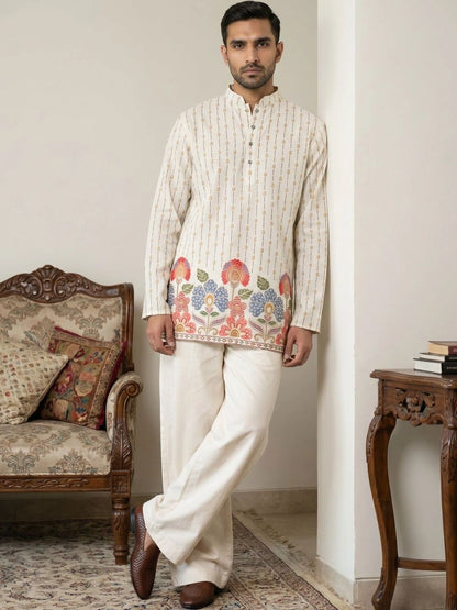 Men's Floral Printed Short Kurta with Korean Pants