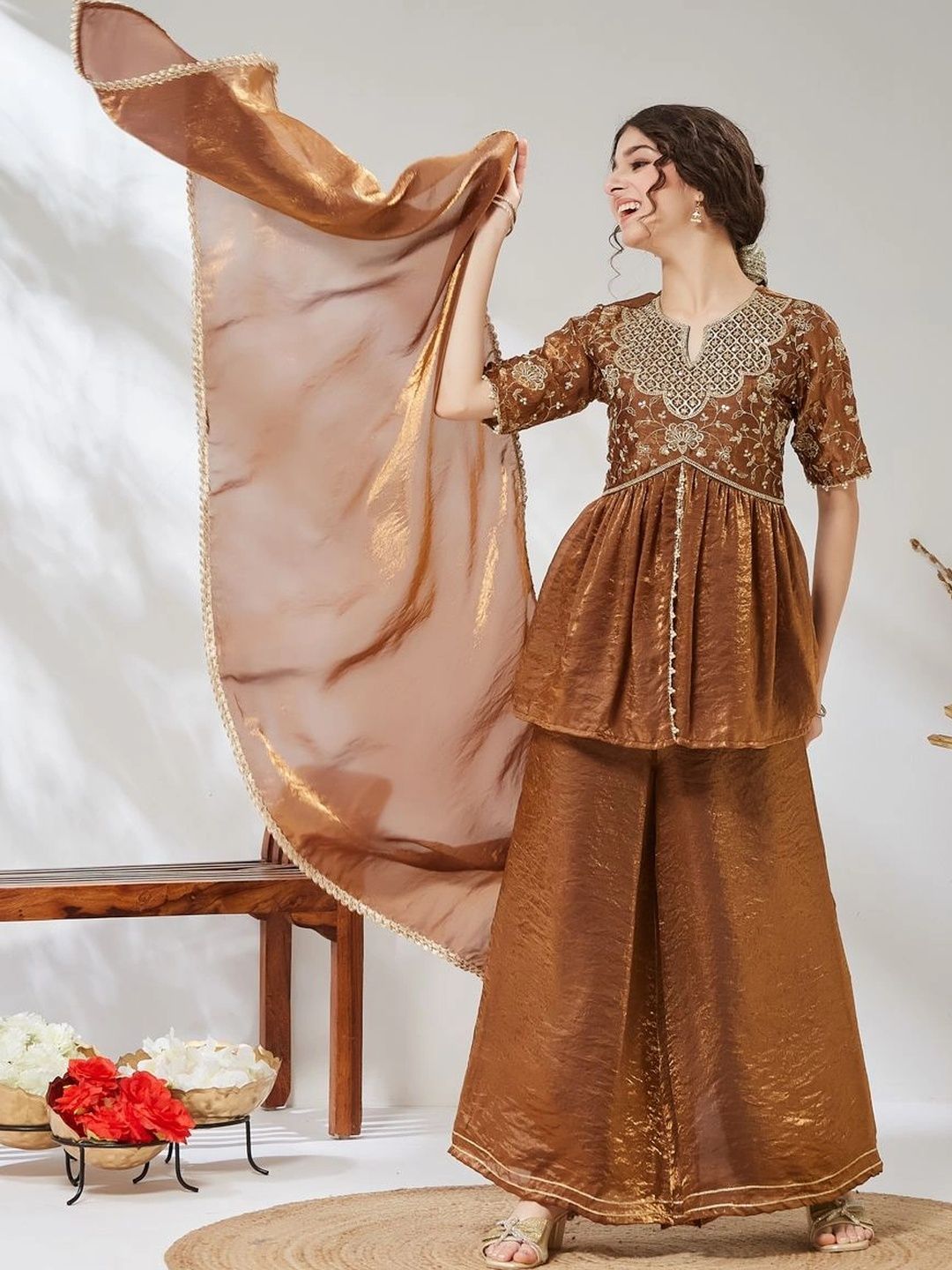 Girls Chocolate Brown Embroidered Peplum Kurta And Plazzo With Dupatta Set