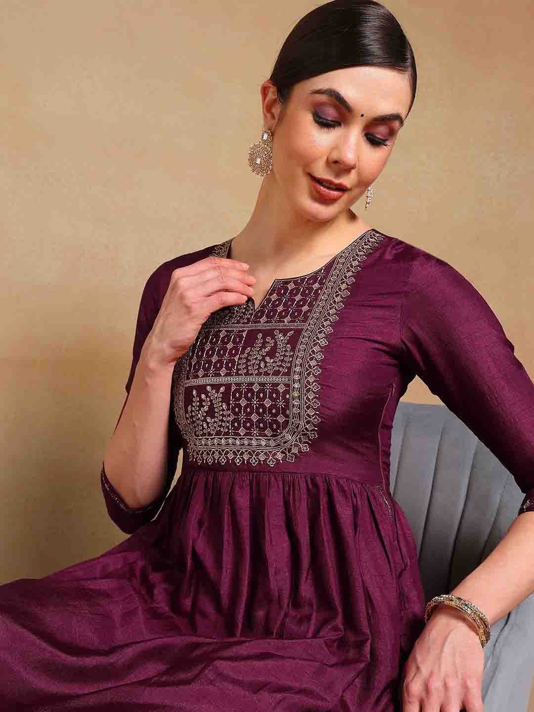 Women Purple Silk Blend Solid Yoke Design Flared Empire Kurta Trouser With Dupatta