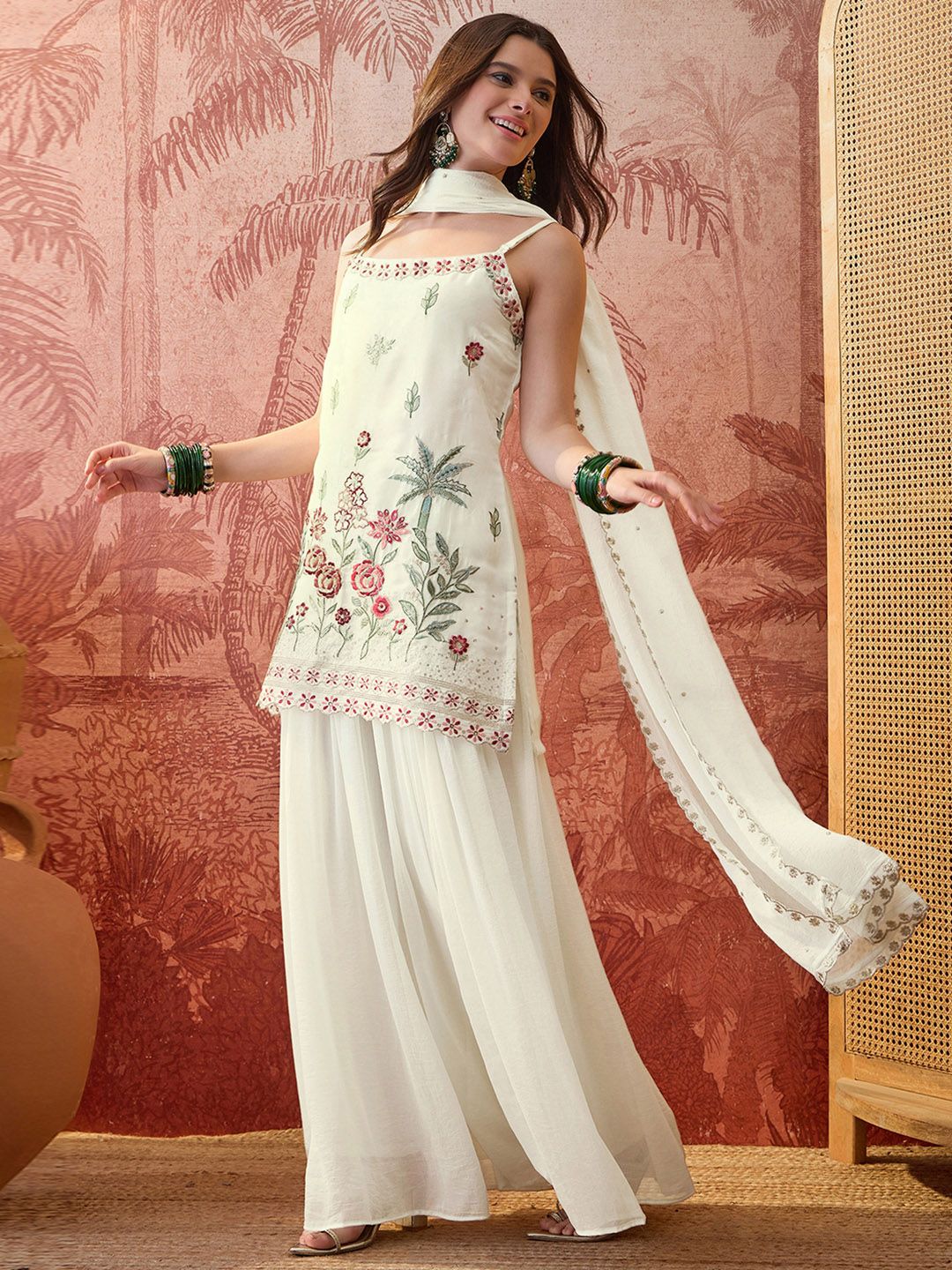 Embroidered Straight Kurta & Palazzos With Dupatta