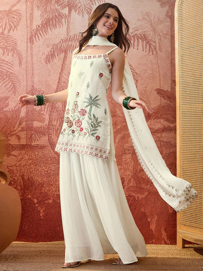 Embroidered Straight Kurta & Palazzos With Dupatta