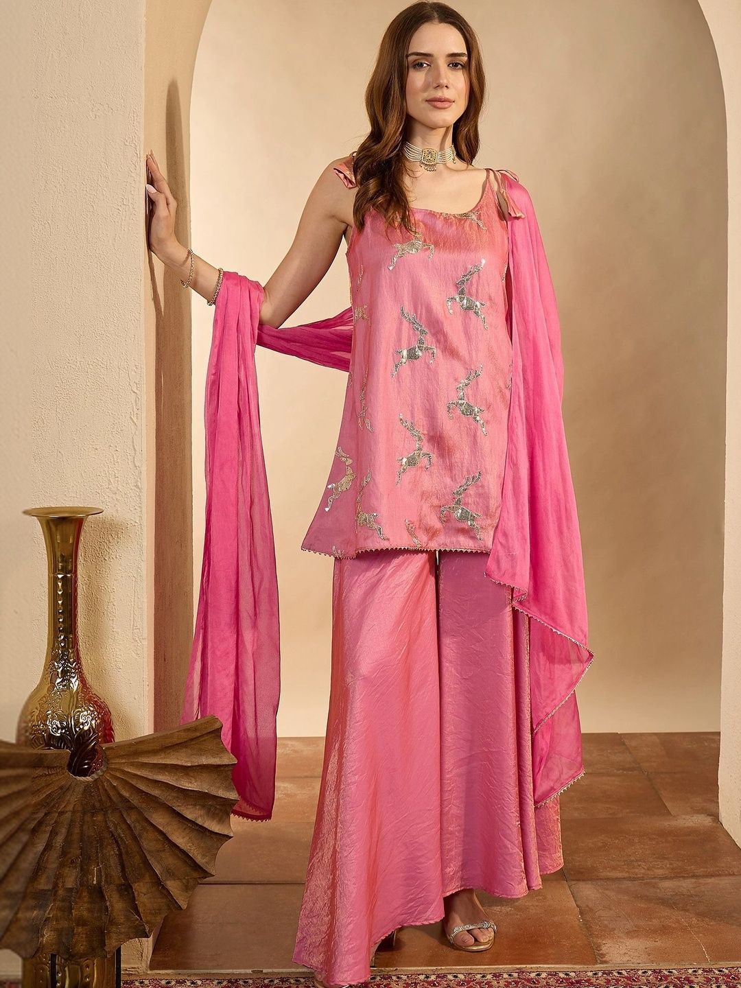 Women Ethnic Motifs Regular Sequinned Kurta with Sharara & With Dupatta