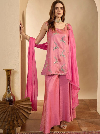Women Ethnic Motifs Regular Sequinned Kurta with Sharara & With Dupatta