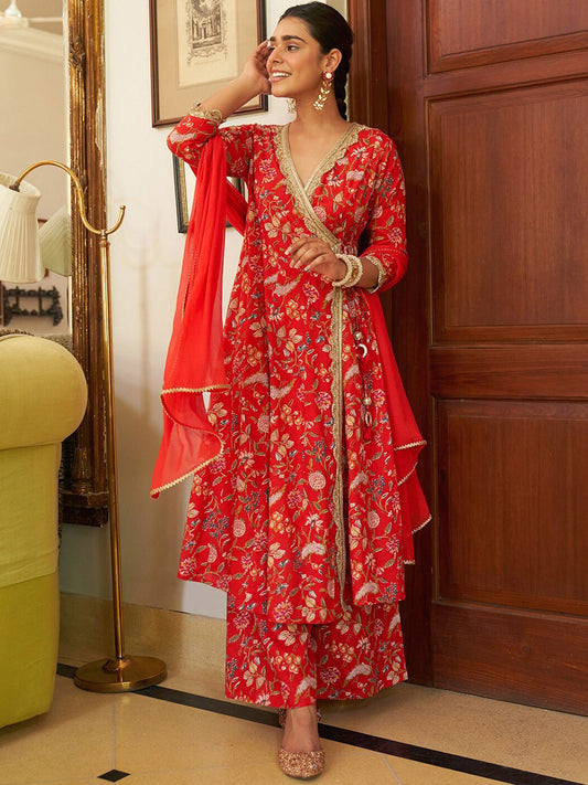 Red Floral Printed Gotta Patti Pure Cotton Kurta with Palazzos & With Dupatta