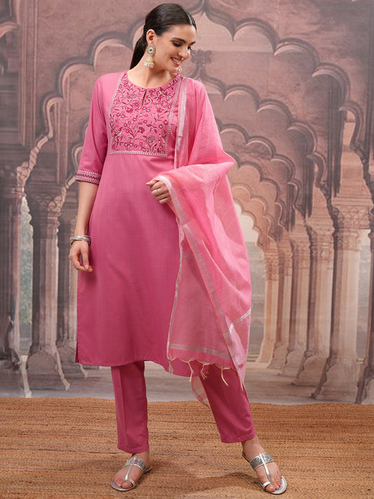 Rose Embroidered Straight Kurta with Trouser & Dupatta