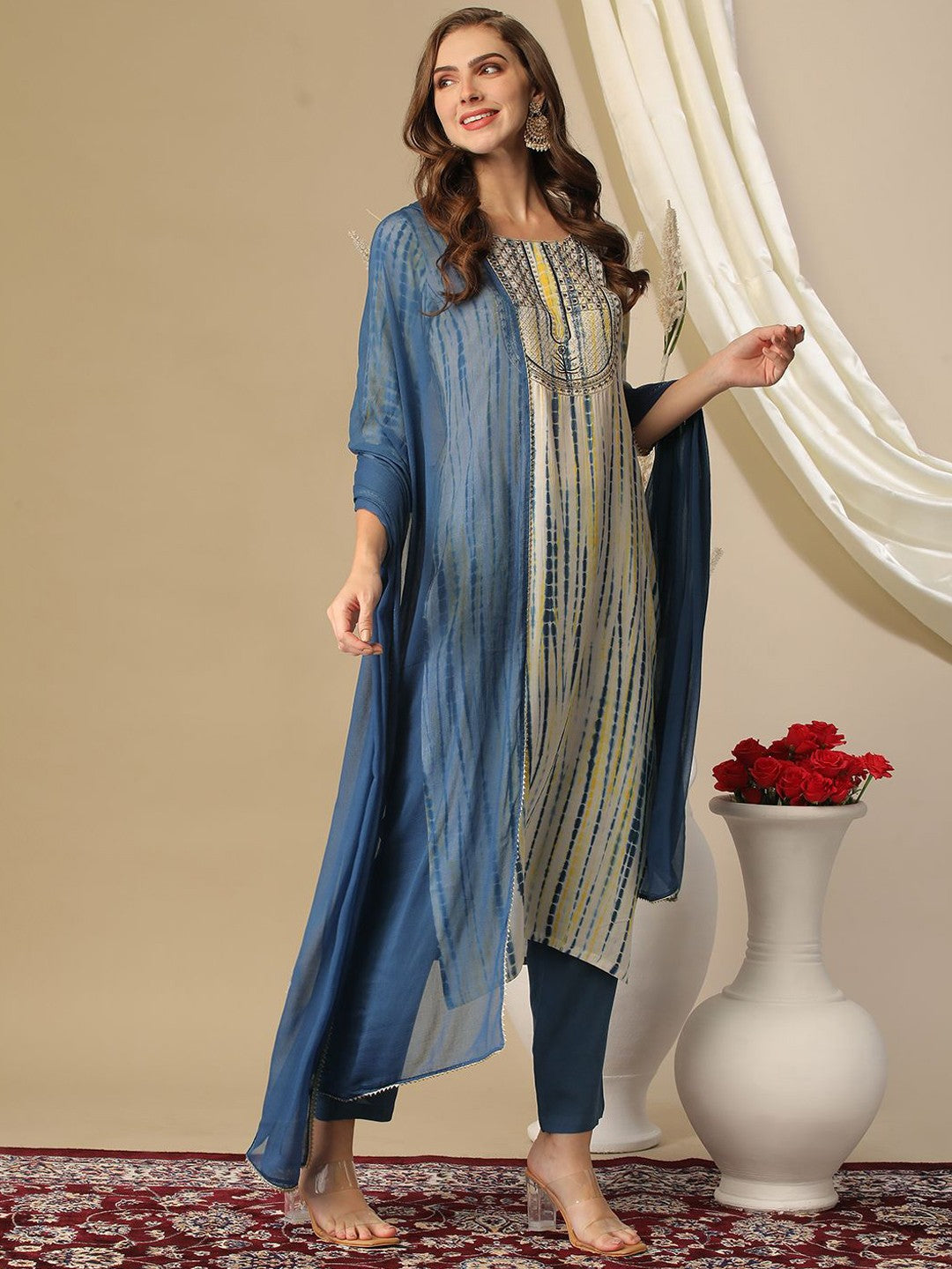 Printed Regular Kurta with Trousers & Dupatta