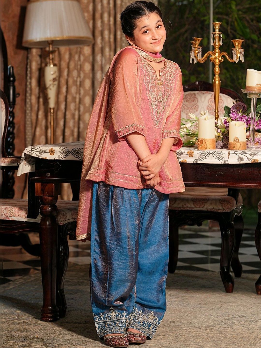 Girls Pink Silk Embroidered Peplum Kurti And Salwar Set With Dupatta