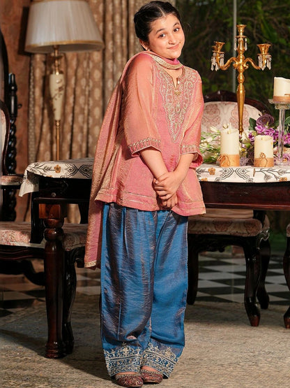 Girls Pink Silk Embroidered Peplum Kurti And Salwar Set With Dupatta