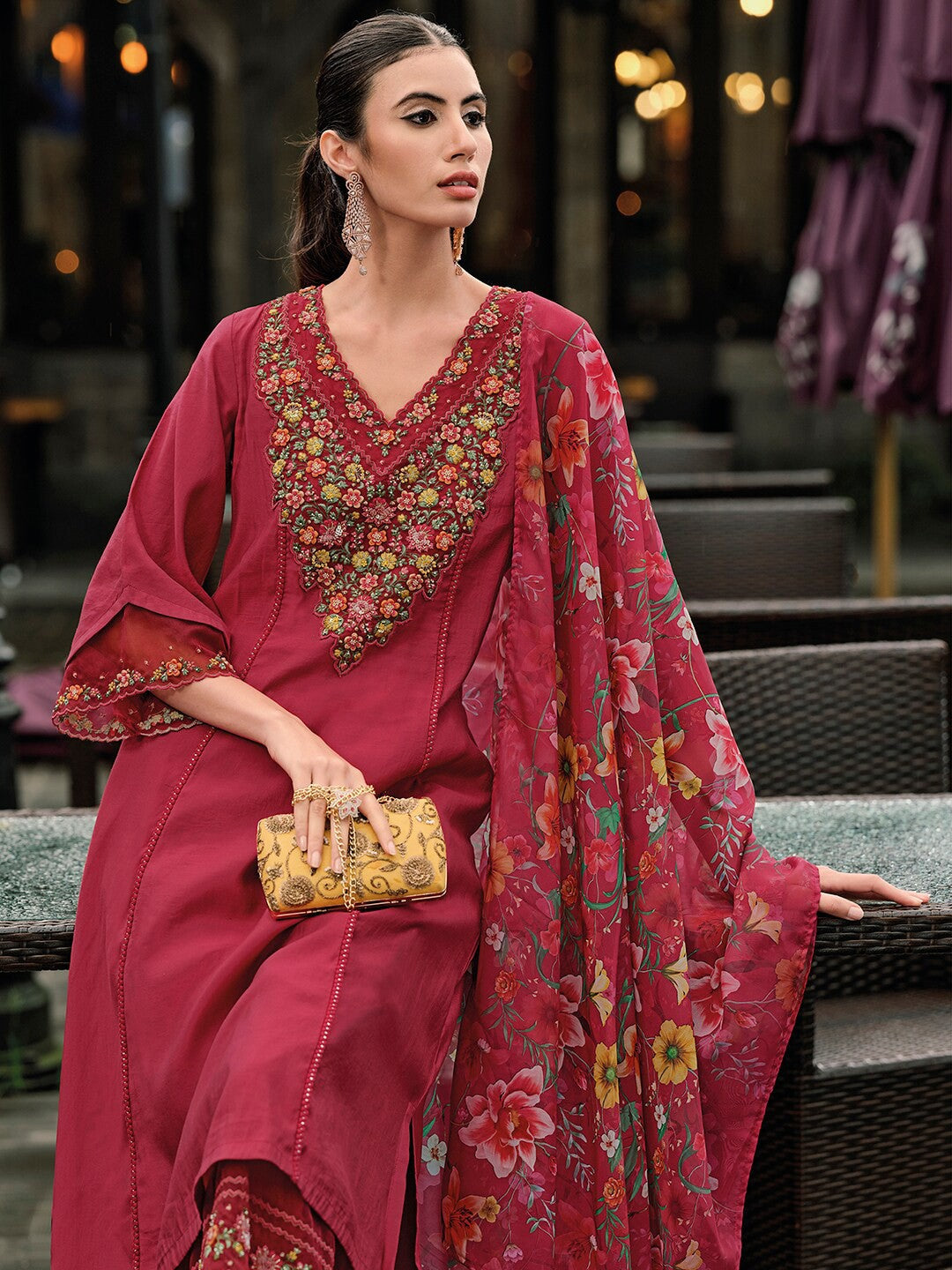 Floral Embroidered Panelled Thread Work A-Line Kurta With Trousers & Dupatta