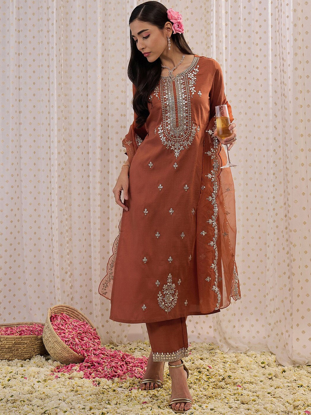 Ethnic Motifs Embroidered Regular Gotta Patti Kurta with Trouser & Dupatta