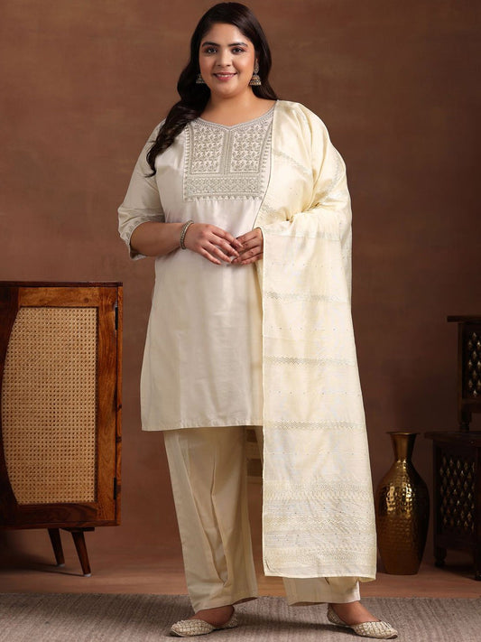 Plus Size Ethnic Motifs Sequinned Kurta & Trousers & Dupatta