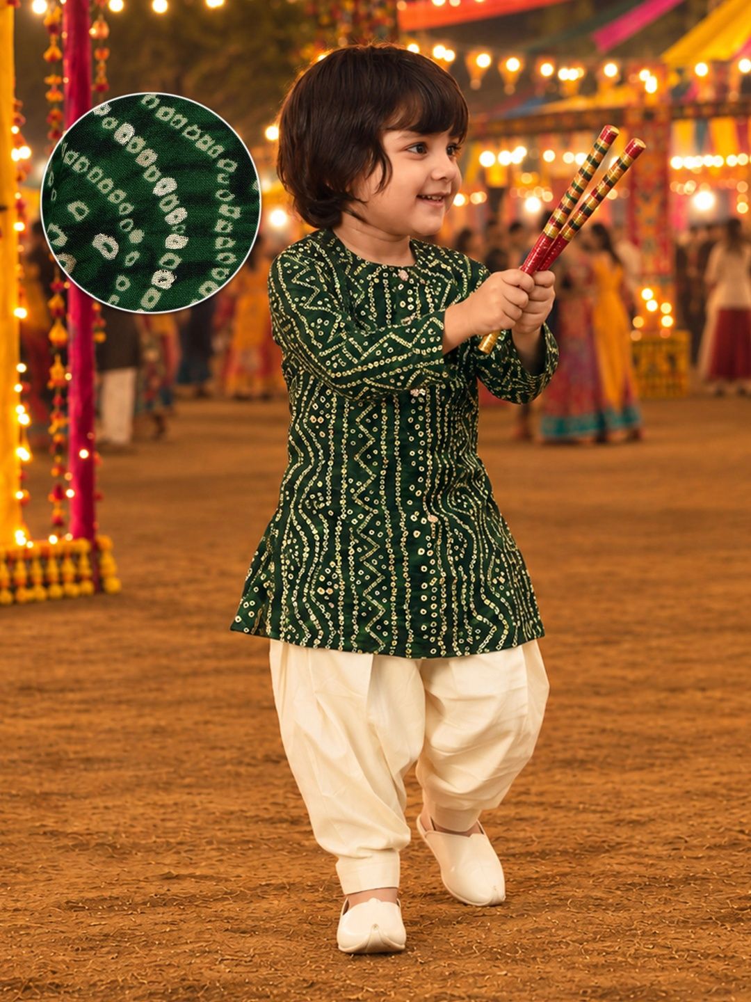 Boys Green Bandhani Kurta & Patiyala Set