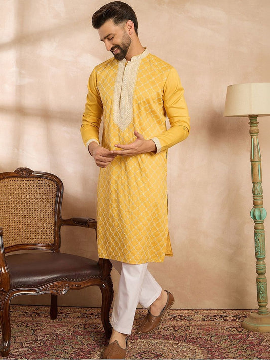 Embroidered Mandarin Collar Kurta & Trousers Kurta Sets