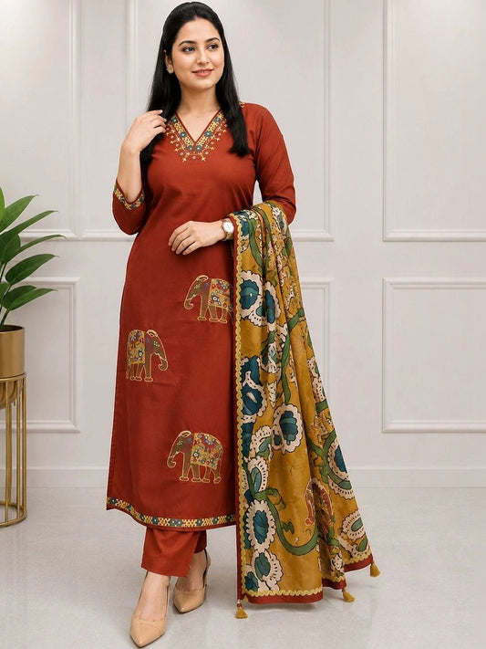 Women Ethnic Animal Printed Regular Thread Work Kurta with Trousers & With Dupatta