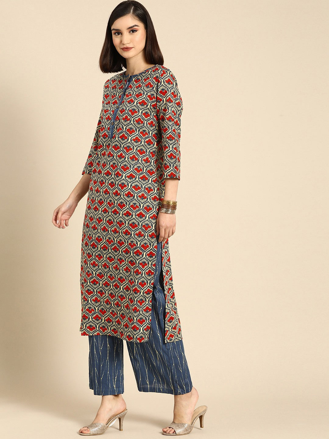 Women Blue Ethnic Motifs Printed Regular Pure Cotton Kurta With Palazzos & Dupatta