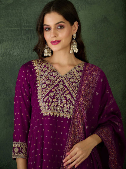 Embroidered Regular Kurta With Trousers & Dupatta