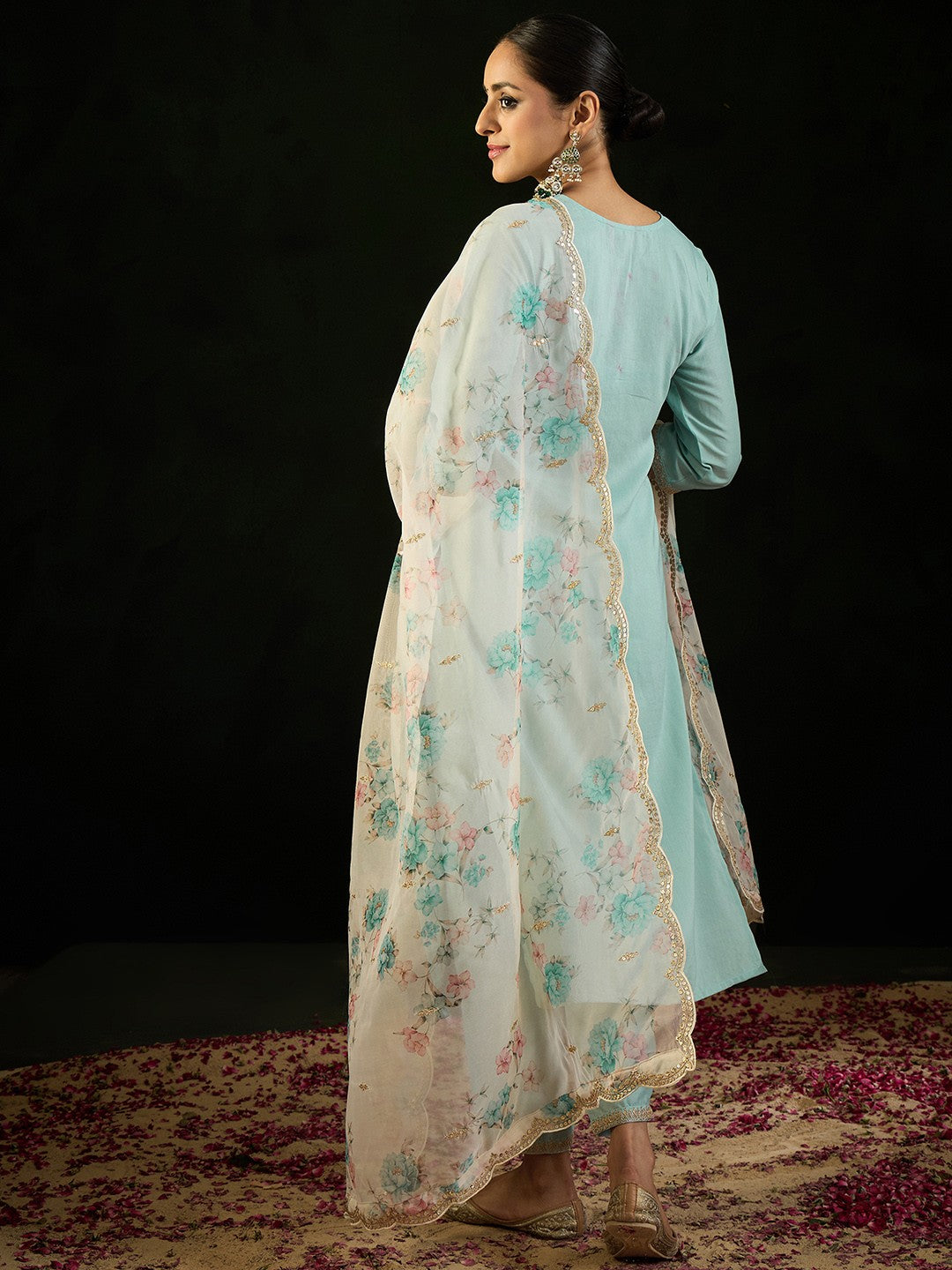 Floral Embroidered Notched Neck Straight Kurta with Trousers & Dupatta