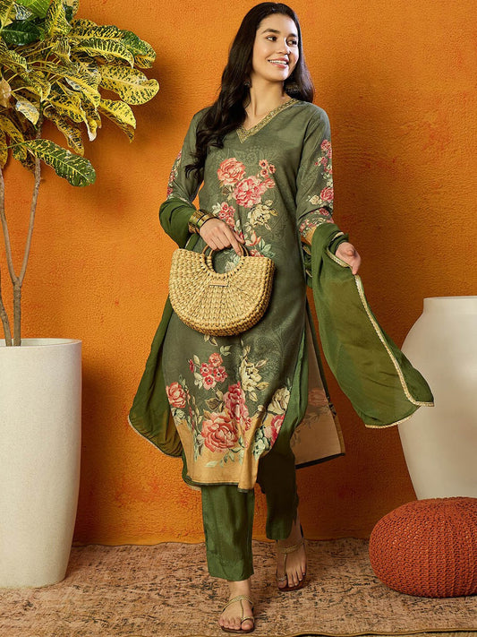 Women Floral Printed Regular Kurta with Trousers & With Dupatta