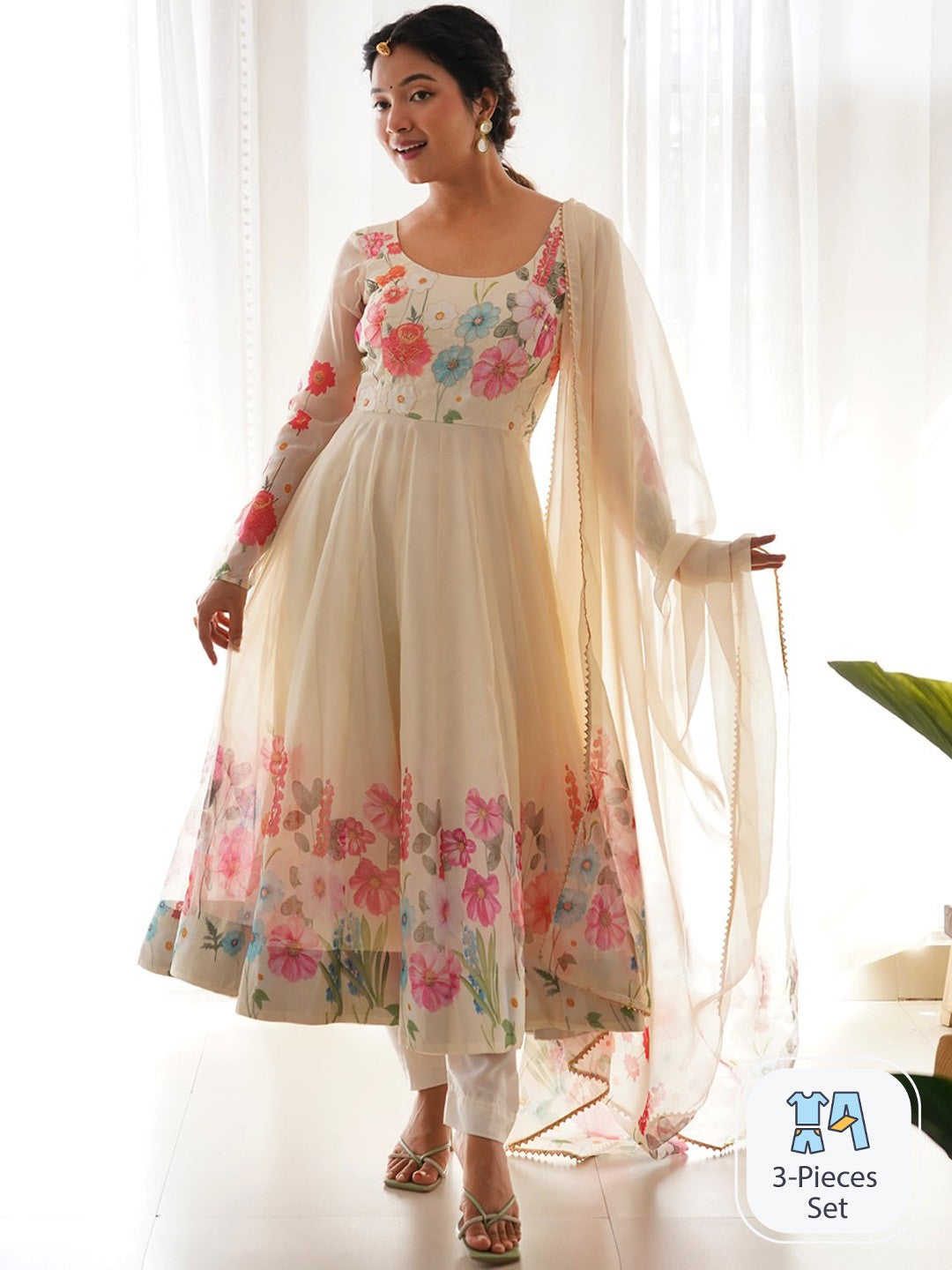 Floral Printed Silk Anarkali Kurta With Trousers & Dupatta