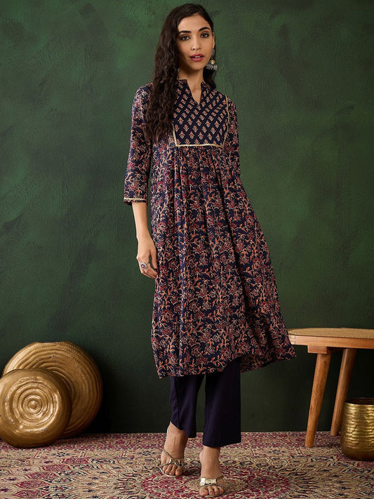 Navy Blue Kalamkari Printed Mandarin Collar Pure Cotton Straight Kurta & Trouser